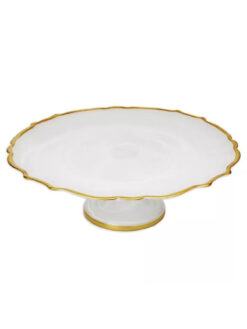 White Alabaster Footed Cake Stand With Gold Scalloped Edges